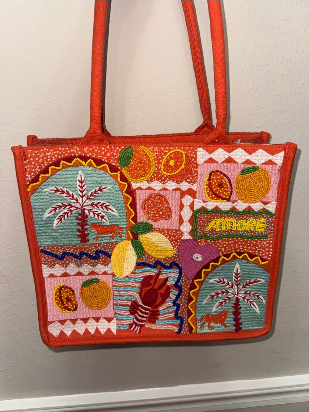 Embroidered Orange Patchwork Tote with Tropical Fruit Motifs